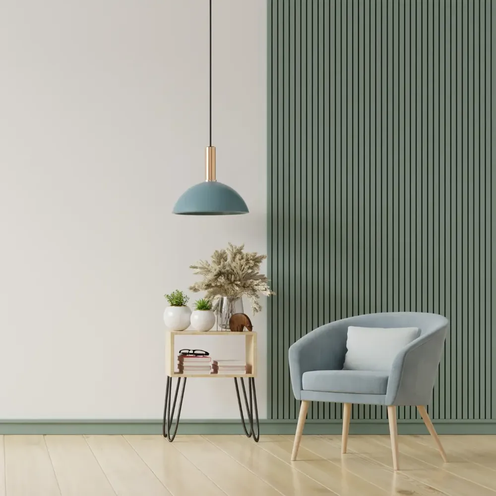 Living room with a green acoustic slat wall